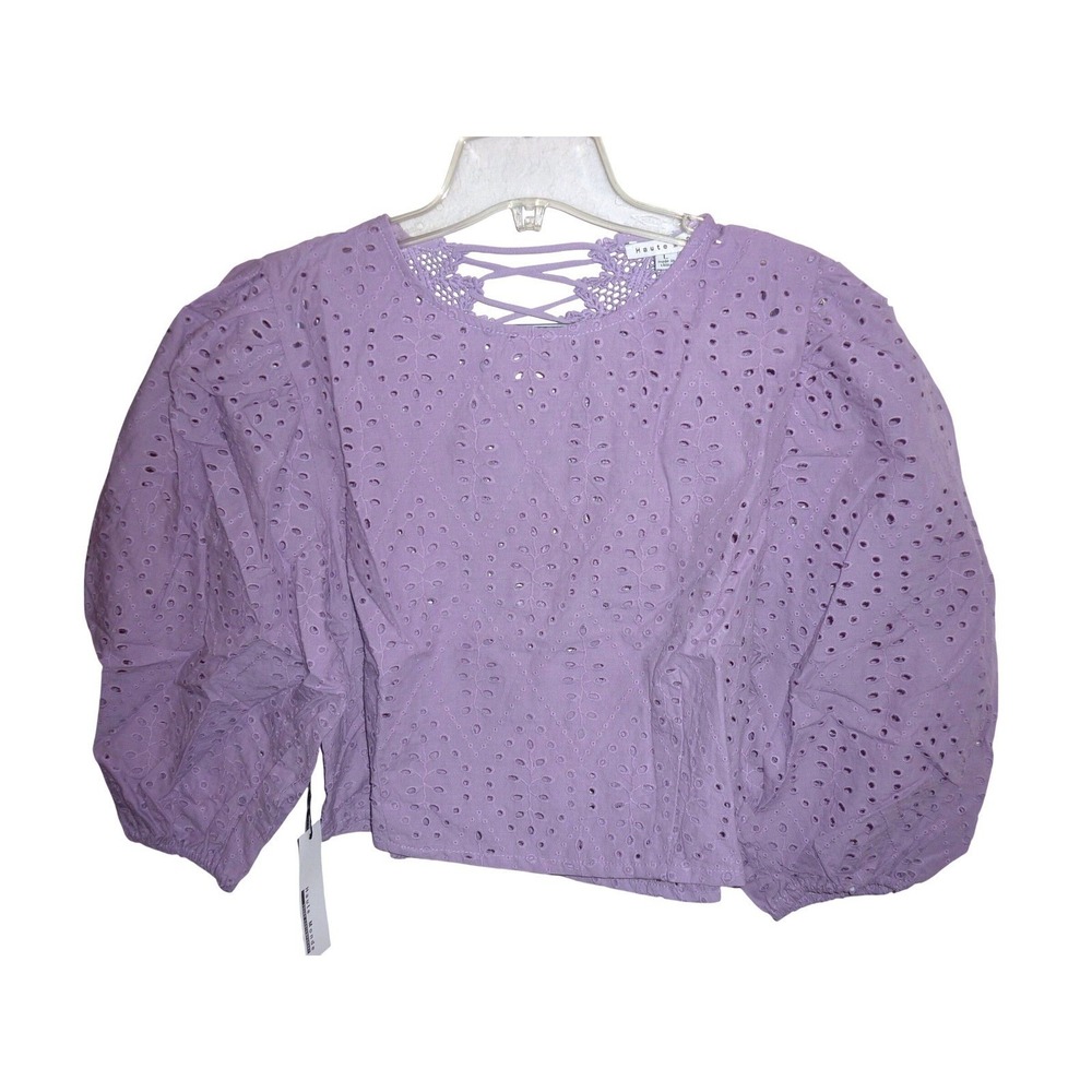 Haute Monde Lilac‎ Eyelet Lace Up Back Puff Sleeve Blouse Lavender Top S